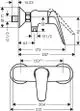 Hansgrohe Einhebel-Brausemischer in Chrom mit seitlichem Hebel und Mischzonensymbol, skizzierte Maße und Anschlussdetails für die Installation.